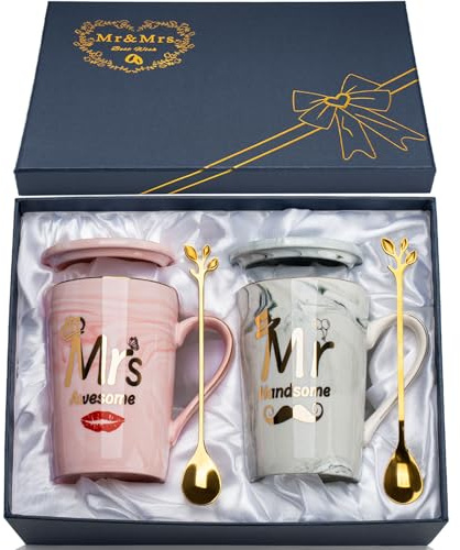 WXYTXHYQ Tasse Couple Monsieur Madame, 14oz Marbre Céramique Amoureux Mug avec Couvercle, Cadeau Mariage, Anniversaire, Fiançailles