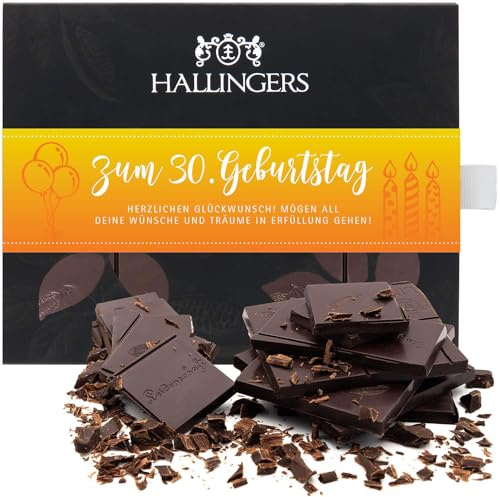 Hallingers Genuss Manufaktur Vegane Schokolade Geburtstagsgeschenk - Tafel aus handgeschöpftem Edelkakao ohne Alkohol edler Karton Zum 30. Geburtstag Pur 85%, Geschenke für Frauen Männer