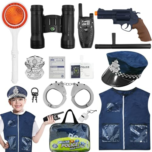 LMYEVYD Costume de police pour enfant avec équipement de policier, chapeau, talkie-walkie, indicateur de signal de circulation, uniforme de cosplay pour enfants, jouet de police pour carnaval