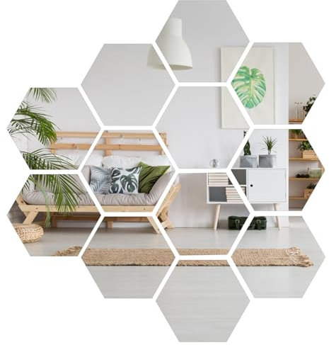 Cozlly Sechseckiger Spiegel Wandaufkleber, 3D Sechseck Acryl Aufkleber, 12 Stück HD Klebespiegel Quadratische Spiegelfliesen, Aufkleber-Wandspiegel für Zuhause Schlafzimmer Wohnzimmer Dekor