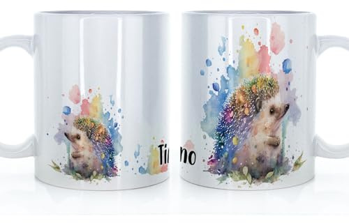 Hairyworm Personalised Mug and Dairy Milk Chocolate Easter Egg Gift Set, Custom Name (11oz) White, Blue, Black, Pink Mug with Hedgehog Watercolour Paint Splats Design, Hedgehog Mug