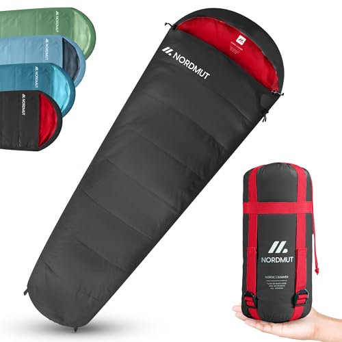 NORDMUT® Schlafsack Erwachsene – kleines Packmaß & ultraleicht (900/1500g) – 3-Jahreszeiten (250 GSM) & Sommerschlafsack (100 GSM) – Mumienschlafsack für Camping, Outdoor & Festivals