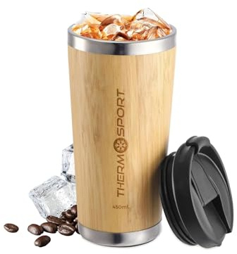 THERMOSPORT - Termo Cafe de Bambu 450ml - Taza de Cafe Reutilizable Acero Inoxidable Sin BPA para llevar - Vaso Portable de Bambú Termico Café para Viaje Doble Pared Aislante Antigoteo