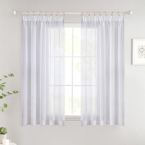Woaboy Gardinen mit Kräuselband Kurz Voile 2er Set 140x137 cm Weiß | Vorhänge Wohnzimmer Transparent Sheer Curtains Stores Gardine Schlafzimmer Modern Schlaufengardinen