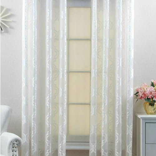 Daesar Vorhänge Lichtdurchlässig mit Haken, Vorhänge Weiß 2er Set Einfarbig mit Geometrie Motiv 107x160CM Gardinen Halbtransparent Küche Wohnzimmer