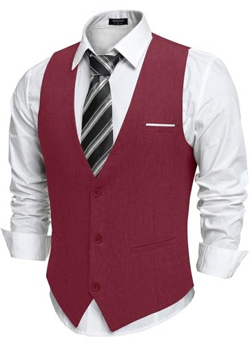 COOFANDY Kostymväst för män Formell V-Ringning Väst Herrväst Väst Bröllop Slim Fit Casual Väst Klänning Väst Med Fickor, Rödvin, S
