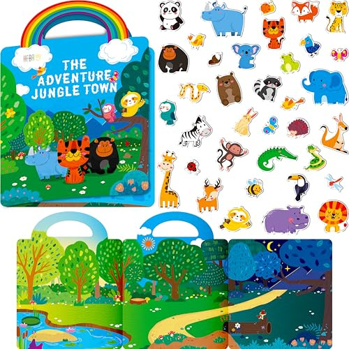 Reusable Jelly Sticker Book, 36 Wild Animals Thick Jelly Stickers Waterproof Gel Cling Decals Animals Theme Matching Game Activity Books Educational Learning Toys for Toddlers Girls Boys Preschooler