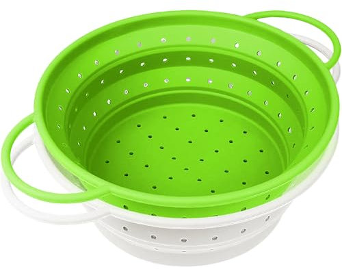 RHAFAYRE Coladores de pasta plegables, paquete de 2 coladores de cocina de silicona con asas, cesta de drenaje para colador de pasta, verduras, frutas, frijoles, Blanco y Verde