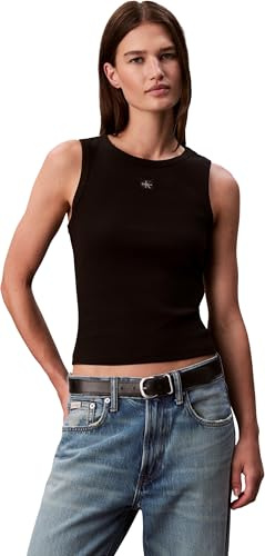 Calvin Klein Camiseta de Tirantes Mujer Woven Label Cotton Rib con Logotipo, Negro (Black), L