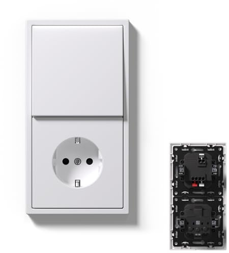 MVAVA Interruptor y Enchufe,Interruptores pared con Garfio,Instalación horizontal y vertical,Conectores de Resorte,1 Gang 2 Vía + 1 Enchufe,150mm Blanco
