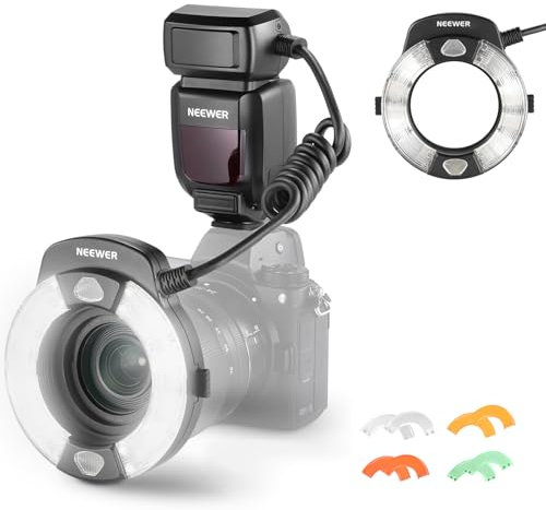 Neewer RF1-N Marco Ring Flash Light Compatible with Nikon Camera, 76Ws GN15 5600K TTL Lighting 1-1/128 Output Front/Rear Curtain Sync Color Gels, Lens Adapter Rings for Macro Photography Studio Photo