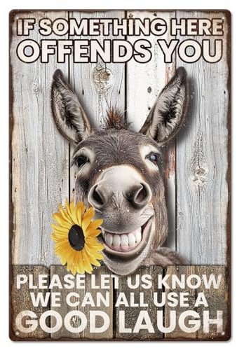 GLOBLELAND Donkey Vintage Metal Tin Sign 12x8inch IF SOMETHING HEAE OFFENDS YOU, PLEASE LET US KNOW Metal Plaque Poster Wall Art Decor Retro Tin Sign for Bar Club Restaurant Cafe Garage Bathroom