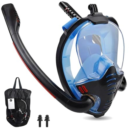 Mascara Snorkel, Mascara de Buceo, Snorkel Adulto Panorámicas de 180°, Masca ra Buceo con Lente de Vidrio,Anti-vaho Anti-Fuga Compatible con Soporte de Cámara(Negro Azul,L)