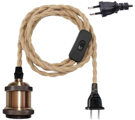 Mengjay Lámpara Cuerda Colgante Vintage,E27 Portalámparas con Enchufe y Interruptor,Cáñamo Lámparas de Techo,Cable de luz Colgante Decoración Iluminación para Salón (Bronze)