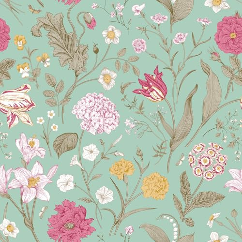 ReWallpaper 44.5CMx7M Klebetapete Selbstklebend Wand Grün Bunt Möbelfolie Vintage Muster Blumen Blätter Tapete Schlafzimmer Mädchen Küche Abnehmbar Selbstklebende Folie Rosa Blumen
