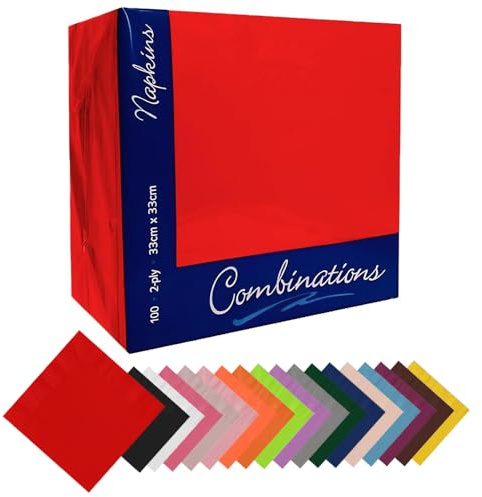 IZMAH 100 x Disposable Paper Napkins 33cm x 33cm 2Ply Red Combination Recyclable Serviettes Tissue for Catering Supply Tableware Weddings Parties