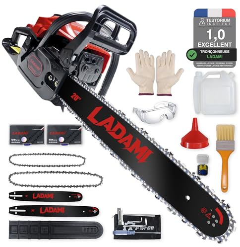 LADAMI Tronçonneuse thermique 58cm³ professionnelle, moteur 2 temps, 3,5CV, avec guide-chaîne de 50 cm et 40cm, 2 chaînes, idéale pour l'entretien des arbres, l'exploitation forestière et le jardinage