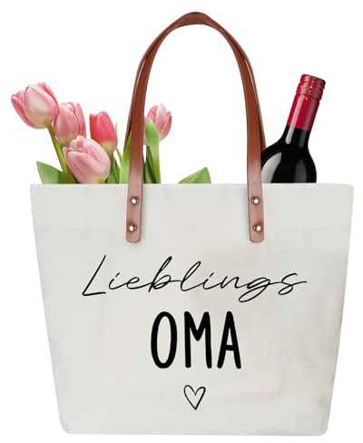 Oma Geschenk, stylische geräumige Tragetasche mit Innentasche und Reißverschluss Baumwolltasche Stofftasche Shopper Handtasche mit großem Boden,Geschenk für Oma zum Geburtstag, Muttertag, Weihnachten