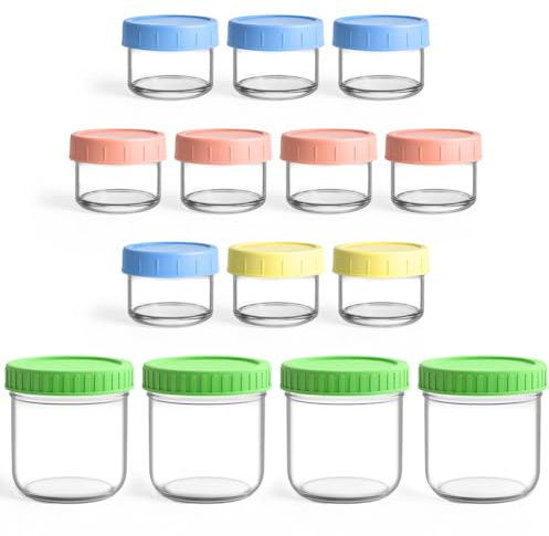 Aolso Set Quattordici Vasetti Ermetici Conservazione Pappe, 300ml+60ml Vasetti Ermetici Conservazione, Multicolore, Vetro Contenitore, Contenitori Pappa Neonati Per Lavastoviglie Freezer E Microonde