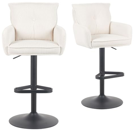 DUBI Möbel 2er Set Barhocker Höhenverstellbar, 360° drehbar, Barstuhl mit Rückenlehne & Armlehnen, ergonomisch gepolstert, stabiles Metallgestell in Schwarz, Feincord Creme, Modell Nova