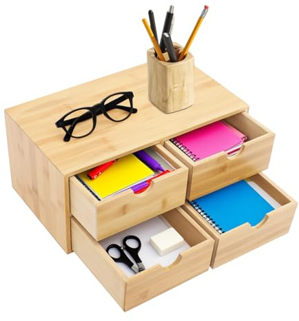 Boîte de rangement en bambou avec 4 tiroirs, organisateur de bureau pour bureau et bureau à domicile, boîte de rangement pour documents, cosmétiques et accessoires, organiseur en bois peu encombrant