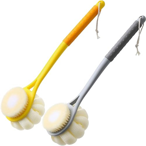 AARAINBOW Back Brush Long Handle for Shower, 2 Packs Loofah Back Scrubber Long Handled Spong Bath Brush, Shower Sponge Body Brush with Soft Bath Loofah Massage Bristles (B-Gray+Yellow)