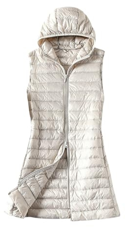 Gilet Piumino Donna Leggero Lungo Gilet Trapuntato con Cappuccio Giubbotto Imbottito smanicato Invernale Giubbino smanicato Giacca Imbottiti Piumini senza Maniche Donna Piuma Taglie Forti Beige L