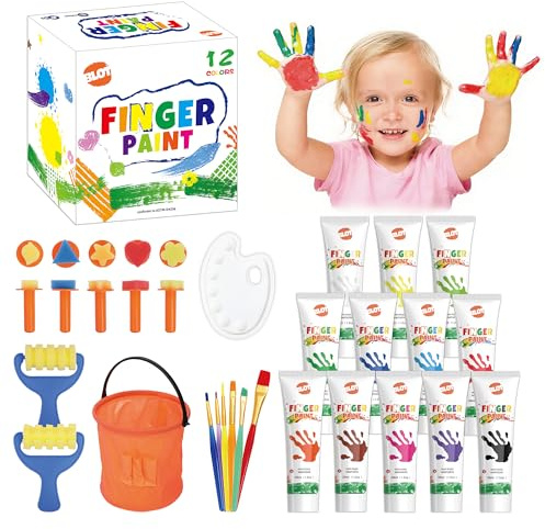 BLOT Colori a Dita Lavabiliper Bambini, Set per Dipingere con le Dita per Bambini, 12 Colori (36ml ciascuno), Include 7 Stampini a Spugna, 6 Pennelli, Tavolozza e Secchiello, Dai 3 anni in su