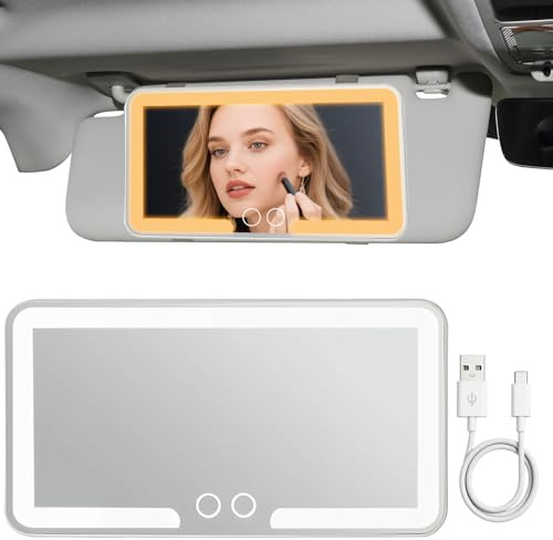 GCNWW Universal Car Sun Visor Vanity Mirror with Rechargeable LED Lights, 3 Color Modes & Touch Dimming Easy Installation No Tools Required Car Accessories for Women Fit Compact Cars & SUVs
