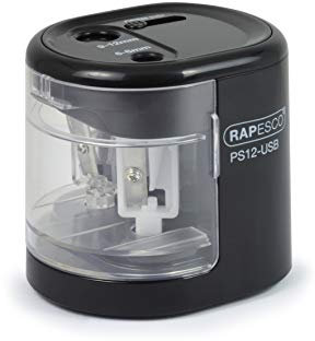 Rapesco 1449 PS12-USB Automatischer/Elektrischer Spitzmaschine, Ladung durch Batterie (nicht enthalten) oder USB, Schwarz