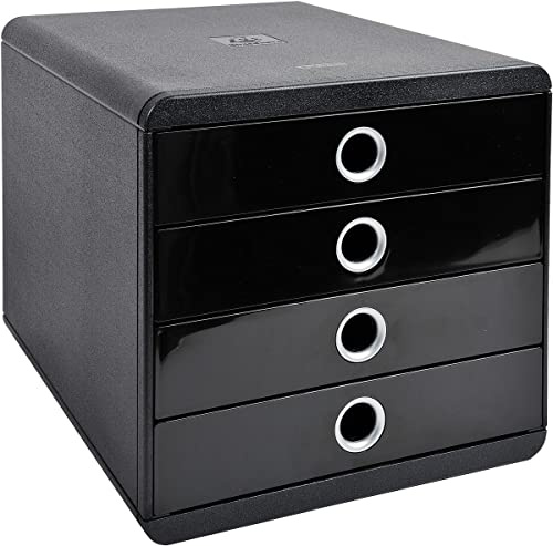 Exacompta 314438D Premium Ablagebox mit 4 Schubladen für DIN A+ Dokumente. Belastbare Schubladenbox mit hoher Kapazität für mehr Platz auf dem Schreibtisch Pop Box schwarz/silber