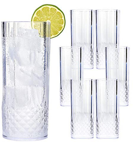 Taylor & Brown Clear Crystal Effect Plastic Highball Whiskey Wine Champagne Flute Glasses Drinks Cups Reusable for Parties, Weddings, Outdoor Events, BBQ and Picnics (6, Highball)