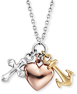 Engelsrufer Damen Halskette aus Sterling Silber mit Kreuz, Herz & Anker Anhängern, tricolor, Karabinerverschluss, längenverstellbar, nickelfrei