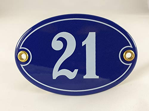 Emaille Hausnummer Schild Nr. 21, oval, Blau-Weiß Handarbeit