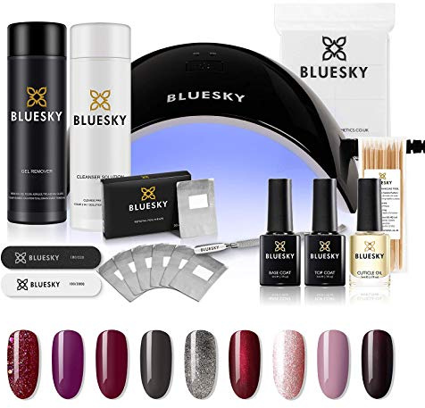 Bluesky Gel Nail Kit 24 W UV LED Lamp, Top and Base Coat, 9 Gel Nail Polishes, Red, Pink, Purple, Black, Silver, Glitter, Cleanser, Acetone Remover, Wipes, Wraps, Cuticle Oil, Pusher