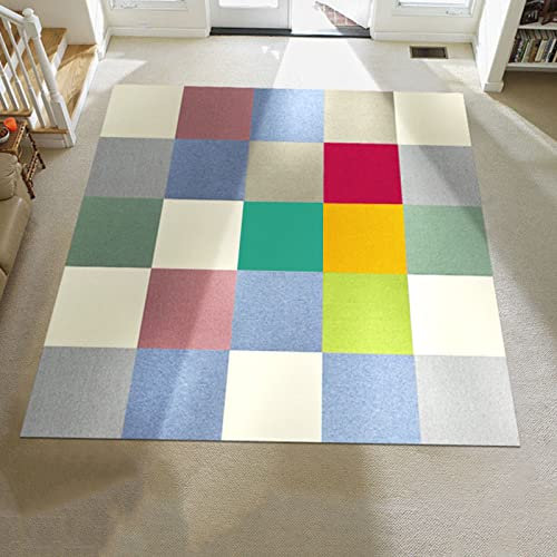 makeups69 Teppich Quadratisch rutschfest waschbarer, Teppiche Orientteppich Webteppich Kurzflorteppich für Wohnzimmer Schlafzimmer Esszimmer，Rote, gelbe, Blaue, grüne weiße Quadrate 150 x 150 cm