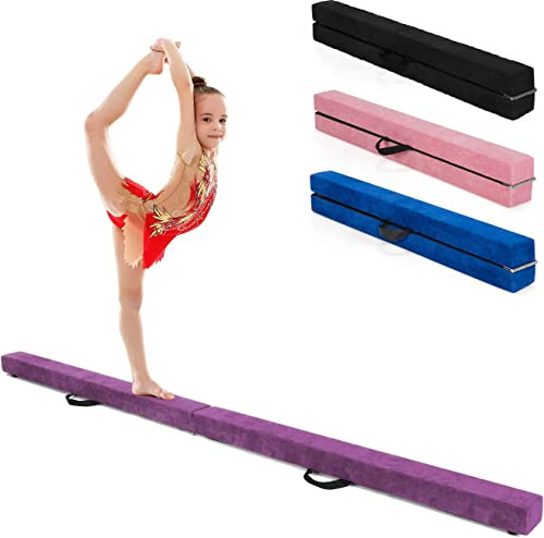 COSTWAY Poutre de Gymnastique Pliable de 210 cm, Barre de Gymnastique au Sol Portable en Flannel Doux avec Poignées de Transport, pour Enfants, Gymnastes (Violet)
