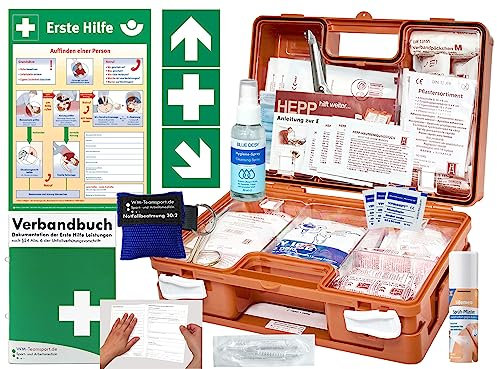Erste-Hilfe-Koffer M5 QUICK für Betriebe mit aktueller DIN/EN 13157 - KOMPLETTPAKET- inkl. Notfallbeatmungshilfe + Sprühpflaster + Hygiene-Gel