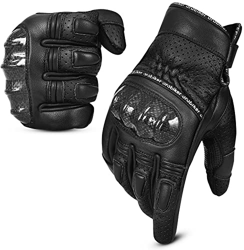 Oro Biker Leather Motorbike Gloves Mens, Carbon Knuckle Motorcycle Gloves Touchscreen Compatible, Extra Grip Road Racing Riding Gloves (Black, XL)