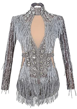 YUANTONG Genomskinliga nät-strass-bodys för kvinnor, sexiga fransar, gymnastikdräkt, dra queen-outfit, långärmad, födelsedag, dans, karneval, kostymer, grå