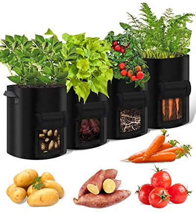 Trongle 4 Pack 5 Gallon Potato Grow Bags, Non-Woven Breathable Fabric Grow Bags for Vegetables & Fruits with 5 Plant Label & Strap Handles, Reusable Potato Planting Bag Vegetable Container, Black