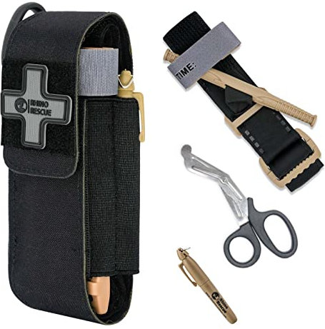 RHINO RESCUE Tourniquet Avec Support Noir, Kit de Premiers Secours en Cas D'hémorragie D'urgence, Contrôle en Plein Air EMT Mil-Spec Tactical Avec Treuil