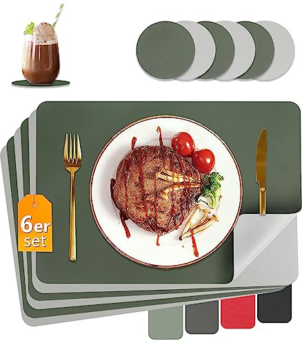 HELI MIAO Tischsets Abwaschbar,Platzsets Abwischbar, Leder,Hitzebeständig Doppelseitigen I 6er Set Platzdeckchen Lederoptik mit Untersetzer,Tischuntersetzer rutschfest,Olivgrün + Grau