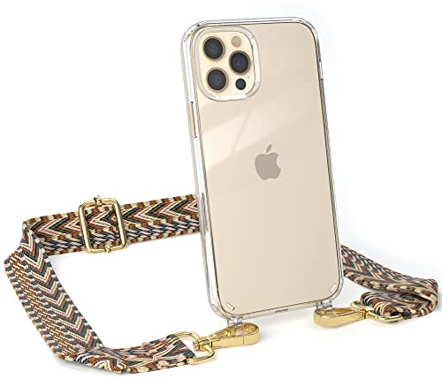 EAZY CASE Handykette - Verstellbares Taschenband kompatibel mit iPhone 12/12 Pro, Schulterriemen, Handykordel mit Silikon Hülle, Umhängetasche, Braun Gold