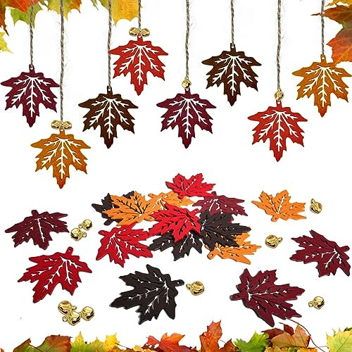 BARVERE 16 Stück Anhänger Ahornblatt, Holz Herbst Dekoration mit 20 x Hanfseil und 20 x Glocke, 4 Farben Autumn Decor Fenster, Hängende Deko (Ahornblatt)