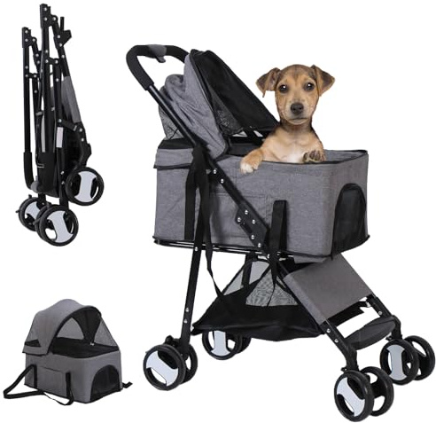 Haustier Hundebuggy, Hundebox Transporttasche Klappbar Griff 360° Vorderrad Hinterrad mit Bremse für Kleine Mittlere Hunde & Katzen bis 20kg , Grau