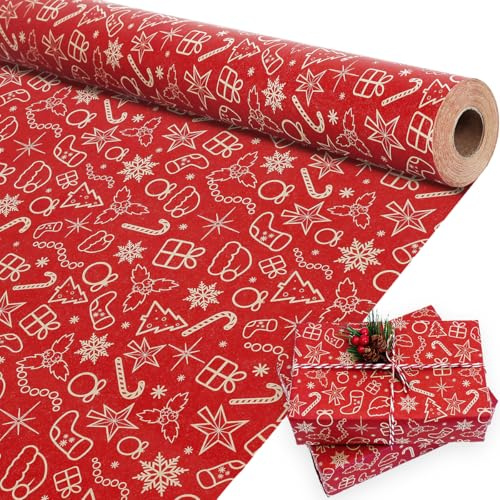 Rouleau de Papier Cadeau de Noël - Grand Format, Rouge, pour Anniversaire et Emballage Cadeau - 43 cm x 15 m