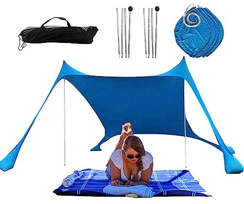 DISPRA Tenda da spiaggia, in tessuto elasticizzato con 4 di sabbia, facile da trasportare e da sole, tenda da spiaggia pop up, baldacchino da spiaggia, essenziale per le vacanze, riparo da