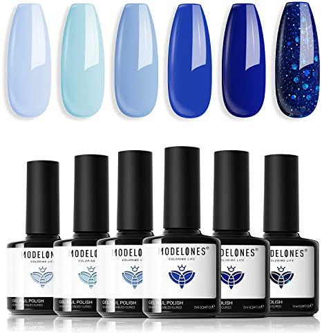 Modelones UV Nagellack Blau, Dunkelblau Glitzer 6 Farben Gellack UV Gel Nagellack Set LED Soak Off Gelnägel Nail Polish für Nail Art Nageldesign