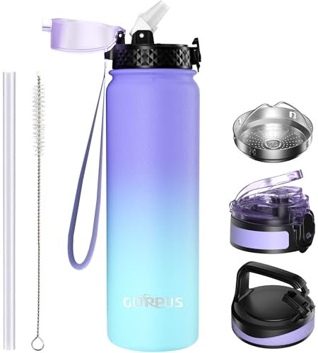 GOPPUS 1L/32oz Thermosflasche mit Strohhalm Doppelschicht Edelstahl Trinkflasche 1 Liter Isolierflasche Auslaufsicher Sport Wasserflasche Kohlensäure Water Bottle Trinkflaschen BPA-frei Wasser Flasche